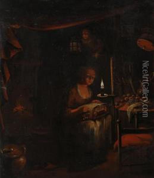Lacemaking By Candlelight Oil Painting - Godfried Schalcken