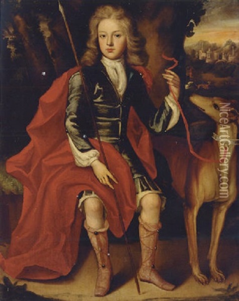 Portrait Of A Young Huntsman In A Blue Coat With A Crimson Wrap, Holding A Spear, A Hound At His Side Oil Painting - Jacob Huysmans