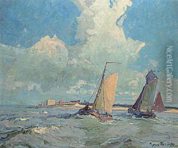 Segelboote Vor Kustenlandschaft Oil Painting - Poppe Folkerts