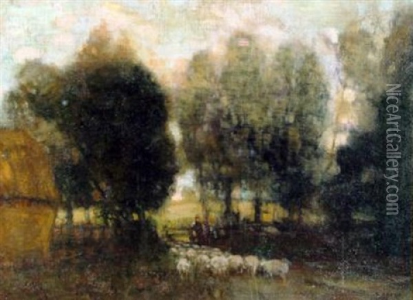 Shepherd And Flock At A Farm Gate Oil Painting - William George Robb