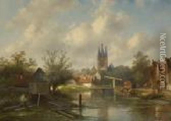 Hollandisches Stadtchen Am
 Fluss Oil Painting - Charles Henri Leickert