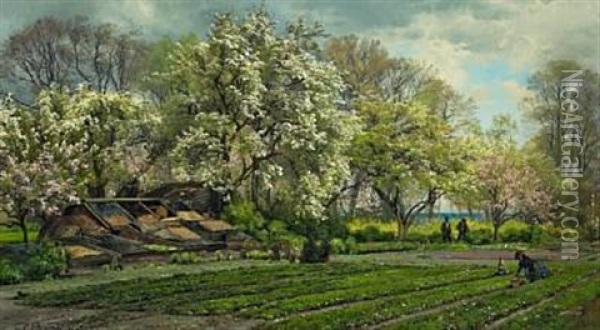 Spring Garden With Woman And Child Oil Painting - Carl Frederik Peder Aagaard