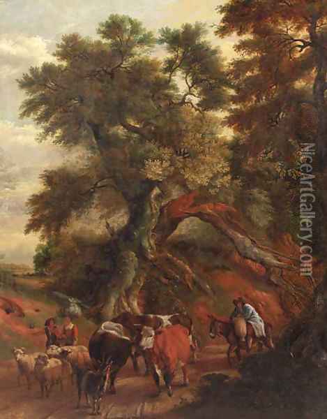 Peasants with cattle and flock returning from market on a country road Oil Painting - Jan Siberechts