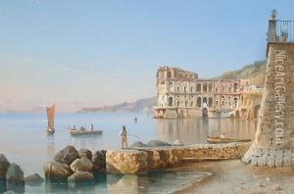 View Of An Ancient Port Town; 
View Towards Vesuvius; View Of A Cross Above The Bay Of Naples Oil Painting - Gianni