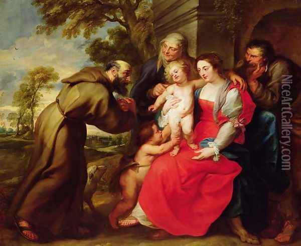 Holy Family with St. Francis, c.1625 Oil Painting - (studio of) Rubens, Peter Paul
