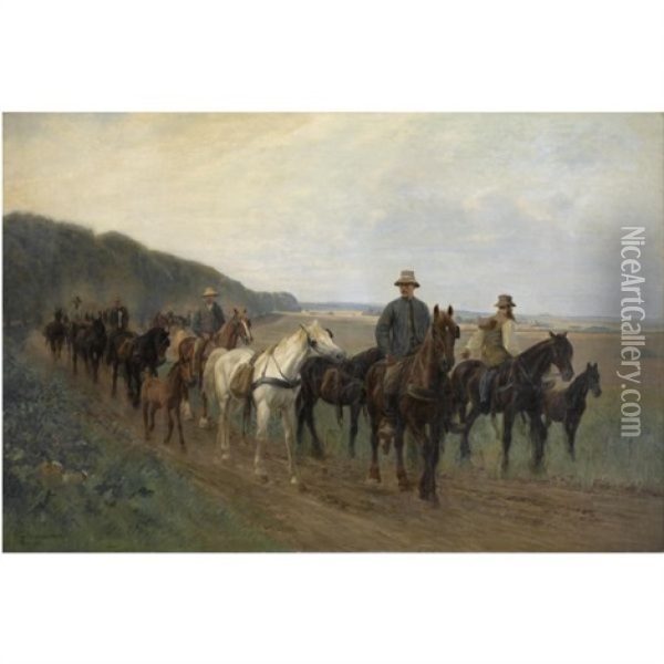 Pa Vej Til Heste Marked (going To The Horse Fair) Oil Painting - Simon Simonsen