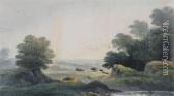 Cattle By A Pond With A Distant Landscape Oil Painting - John Glover