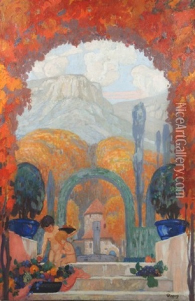 Paysage Provencal Avec 2 Enfants Sur Fond De Montagne Sainte-victoire Oil Painting - Henri Rapin
