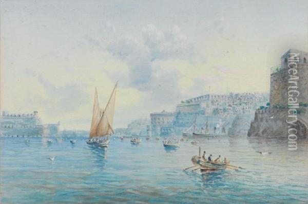 A Pair Of Views Of The Grand Harbour, Malta Oil Painting - Vincenzo D Esposito