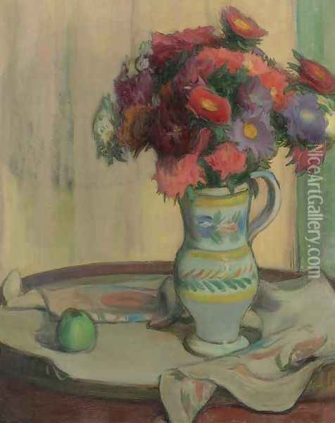 Green Apple and Flowers Oil Painting - Wladyslaw Slewinski
