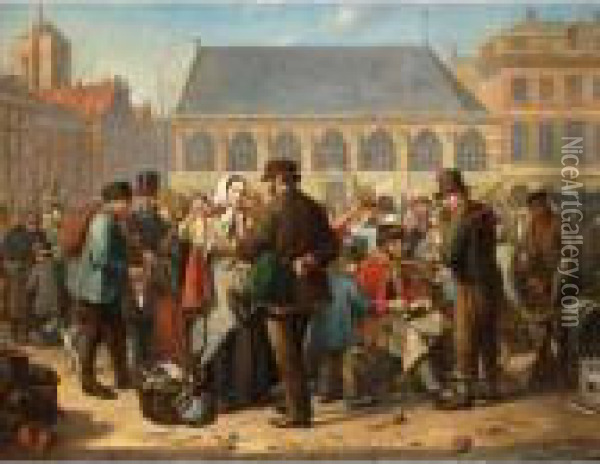 Many Figures On The Nieuwe Markt In Rotterdam Oil Painting - Jacob Akkersdyk