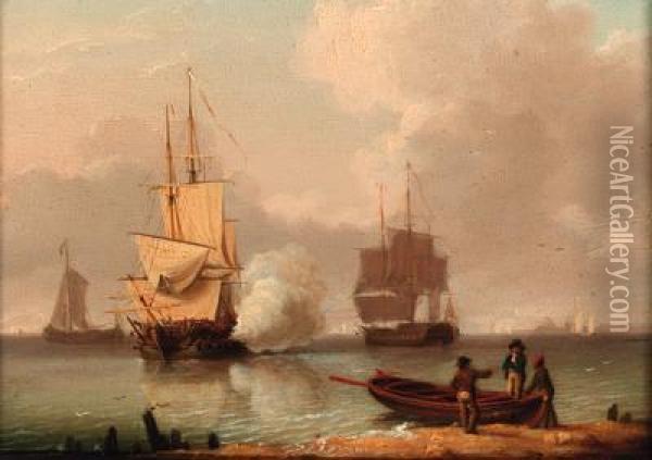 Men-o'war Preparing To Sail With One Firing A Salute Oil Painting - William Anderson