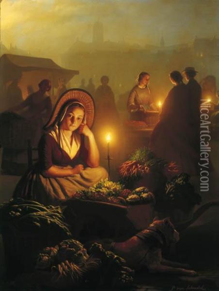 A Girl Selling Vegetables At The
 Night-market With The Dam Palace And The Nieuwe Kerk In The Distance, 
Amsterdam Oil Painting - Petrus van Schendel