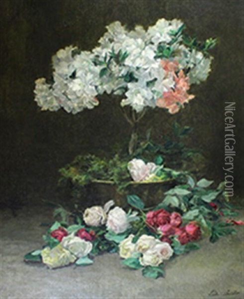 Roses Et Azalees Oil Painting - Leonie Barillot-Bonvalet
