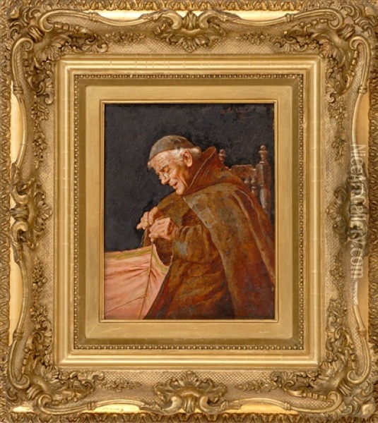 Portrait Of A Monk Mending Oil Painting - Arnaldo Tamburini
