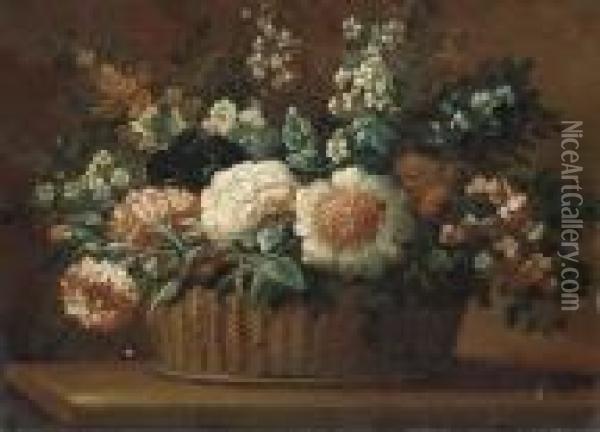 Carnations, Roses And Other Flowers In A Basket On A Ledge Oil Painting - Anne Vallayer-Coster