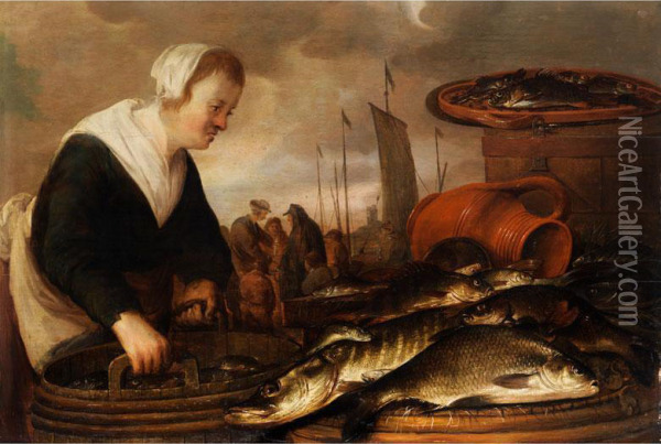 Fischersfrau Mit Grossem Fischbottichund Ausgelegten Fischen Neben Tonkrug Und Fischkasten Oil Painting - Pieter de Putter