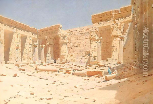 View Of The Interior Of The Temple Of Medinet-Habou, Thebes Oil Painting - Augustus Osborne Lamplough
