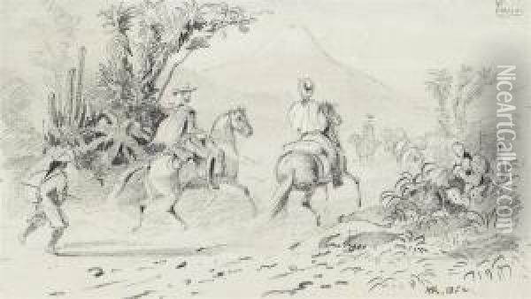 A Peruvian Landscape: Two Men On
 Horseback Following A Dusty Track,a Volcano In The Background Oil Painting - Johann Moritz Rugendas