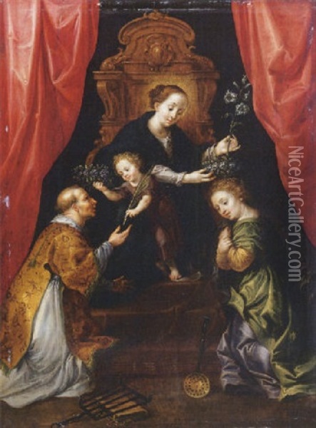 The Madonna And Child Enthroned, Adored By Saint Lawrence And Saint Martha Oil Painting - Marten Pepyn