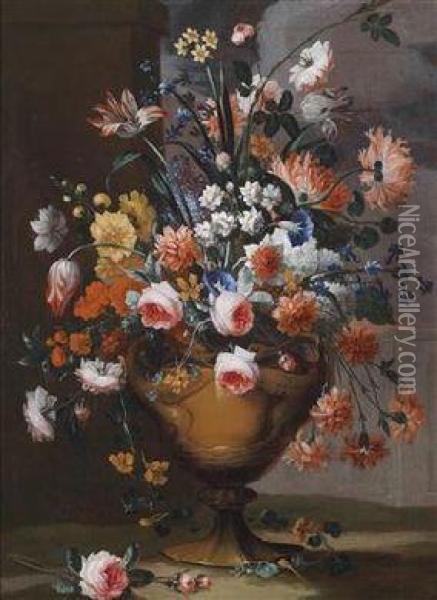 Floral Still Life With Peonies Oil Painting - Karel Van Vogelaer, Carlo Dei Fiori