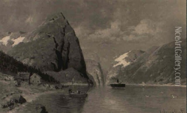 On A Fjord Oil Painting - Johann Jungblut