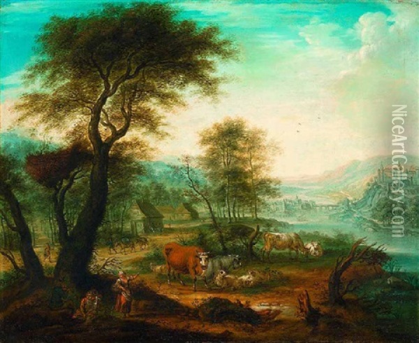 Weidende Kuhe Mit Hirten, Im Hintergrund Eine Stadt Mit Schloss (an Der Elbe?) Oil Painting - Johann Gottlieb Samuel Stamm