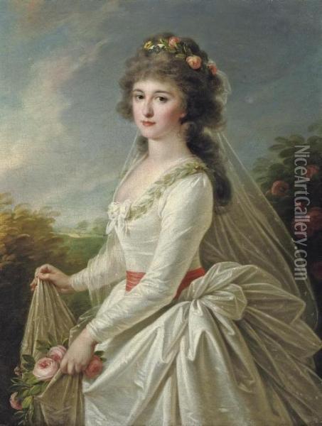 Portrait Of A Young Lady, Three-quarter-length, In A White Dress, Holding Pink Roses Oil Painting - Elisabeth Vigee-Lebrun