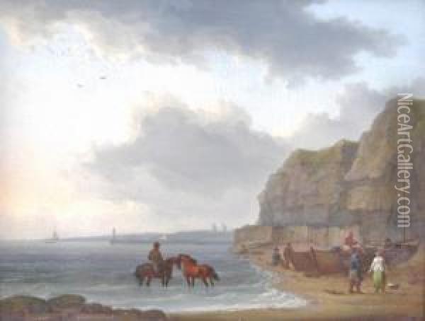 On The Shore With Boats, Horses And Figures Oil Painting - William Anderson