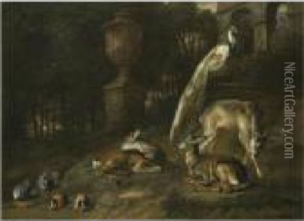 Rabbits, Guinea-pigs, Roe-deers And A Peacock In An Ornamental Garden Oil Painting - Peeter Boel