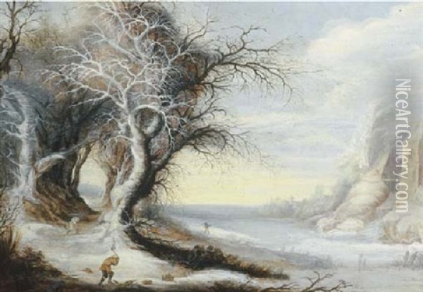 A Winter Landscape With Woodcutters By A Frozen River Oil Painting - Gysbrecht Leytens