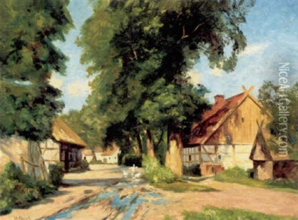 Landsbygade Med Huse Og Store Lovtraeer Oil Painting - Johannes Haensch