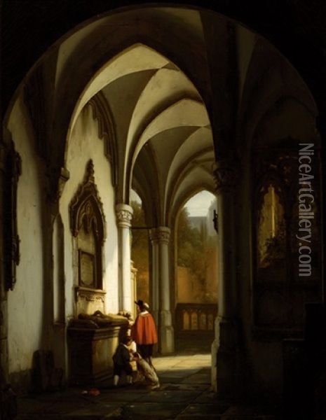 Two Figures And A Dog Near A Mausoleum In A Church In A Portal Oil Painting - George Gillis van Haanen
