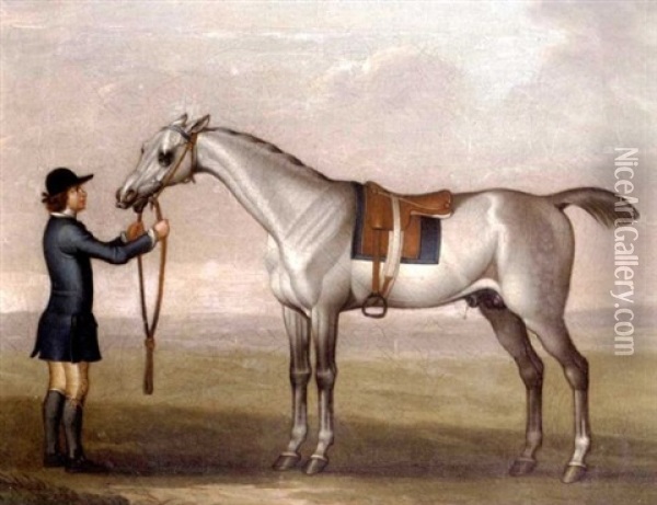 A Grey Racehorse Held By A Groom In The Livery Of The Duke Of Devonshire Oil Painting - James Seymour
