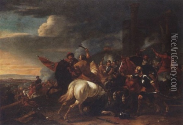 A Calvary Skirmish Before Ruins Oil Painting - Jan van Huchtenburg