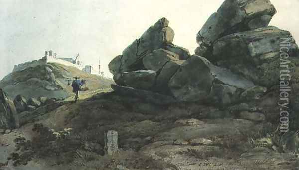 Rocks and a Hill Convent, China Oil Painting - George Chinnery