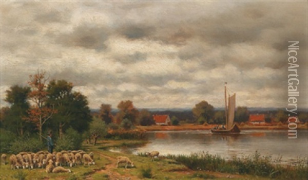 Landschaft Mit Einem Schafer Und Seiner Herde Am Ufer Eines Sees Oil Painting - Karl Bennewitz von Loefen the Elder