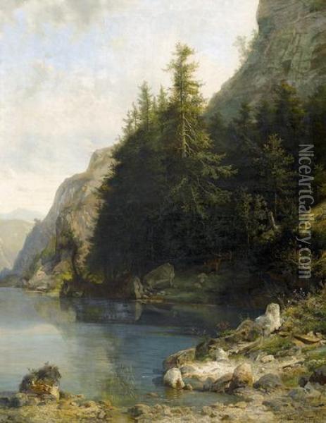 Uferpartie Mit Tannen An Bergsee. Oil Painting - N. Dahlberg