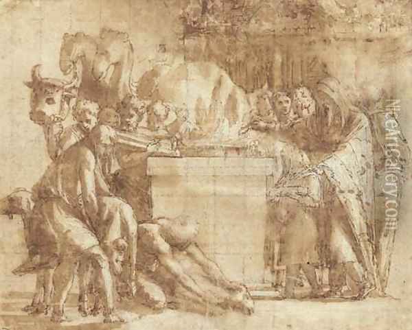 A pagan sacrifice with figures bringing rams to an altar Oil Painting - Raphael (Raffaello Sanzio of Urbino)