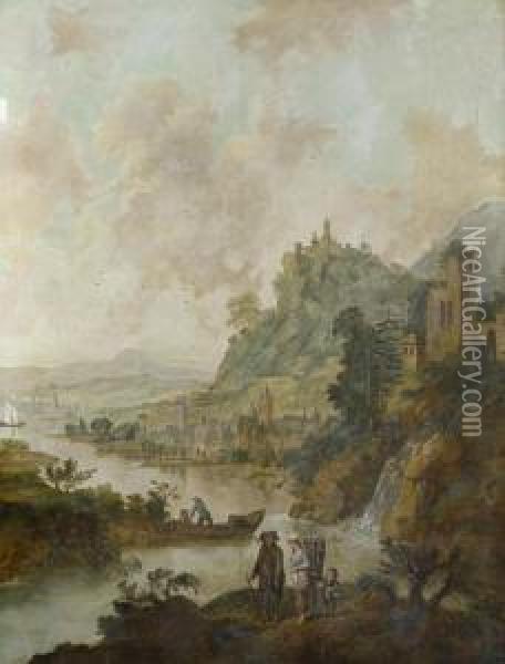 A Mountainous River Landscape With Travellers On A Path In The Foreground Oil Painting - Christian Georg Ii Schuz