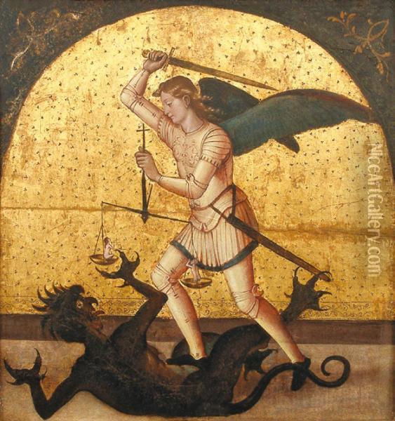  Saint Michel Terrassant Le Dragon  Oil Painting - Antonio De Comontes