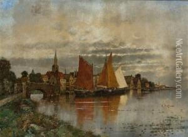 Fischerboote Im Hafen Einer
 Niederlandischen Stadt. Oil Painting - Karl Heffner