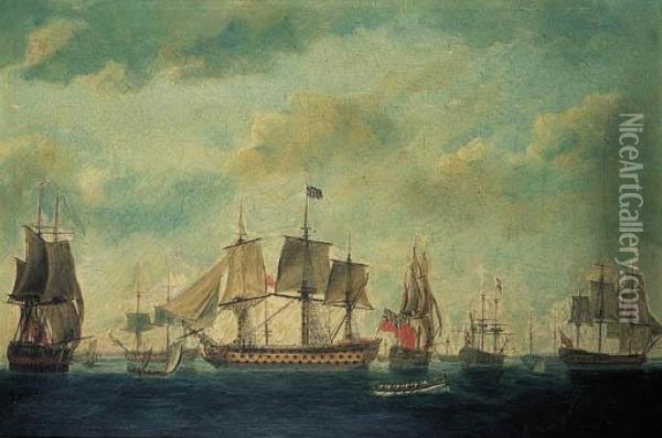 British And Dutch Men-o'war Off The Coast Oil Painting - Nicholas Pocock