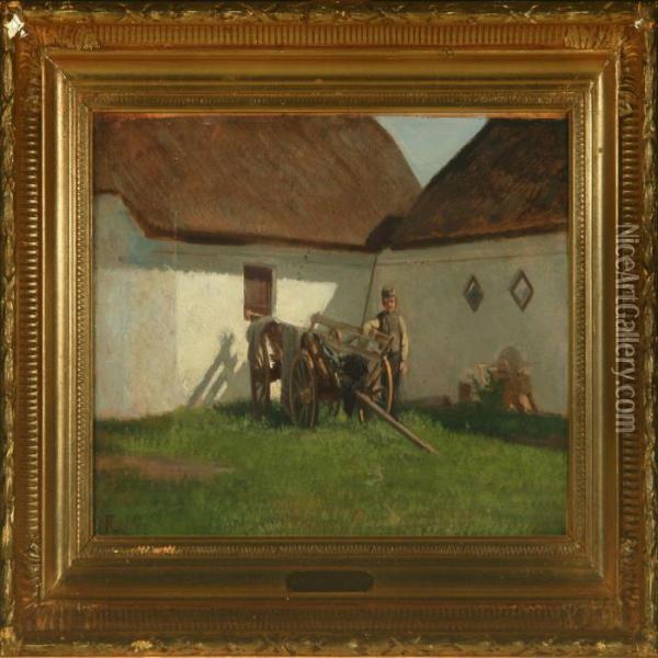 Exterior With Farmer By Cart Oil Painting - Frederik Niels M. Rohde