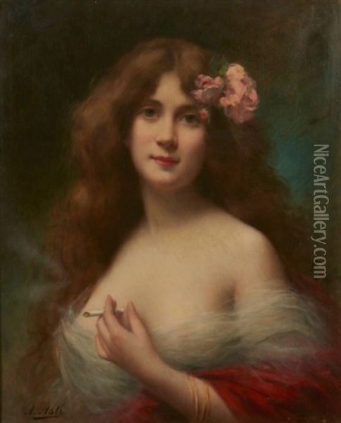 Portrait De Femme A La Cigarette Oil Painting - Angelo Asti
