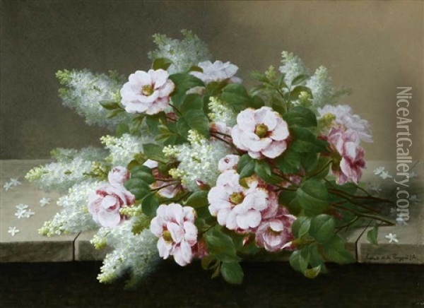 Still Life - Pink Roses And Lilacs Oil Painting - Raoul Maucherat de Longpre