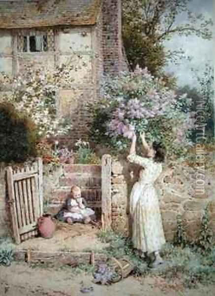 The Lilac Cottage Oil Painting - Myles Birket Foster