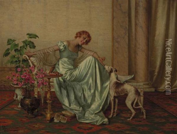 A Treat For Her Dog Oil Painting - Vittorio Reggianini