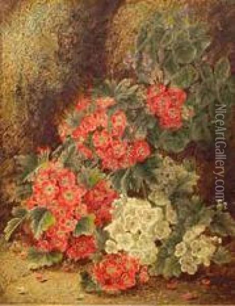 Primulas On A Mossy Bank Oil Painting - Oliver Clare