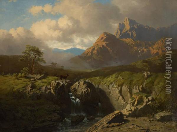 Cerf Franchissant Une Cascade Oil Painting - Conradyn Cunaeus